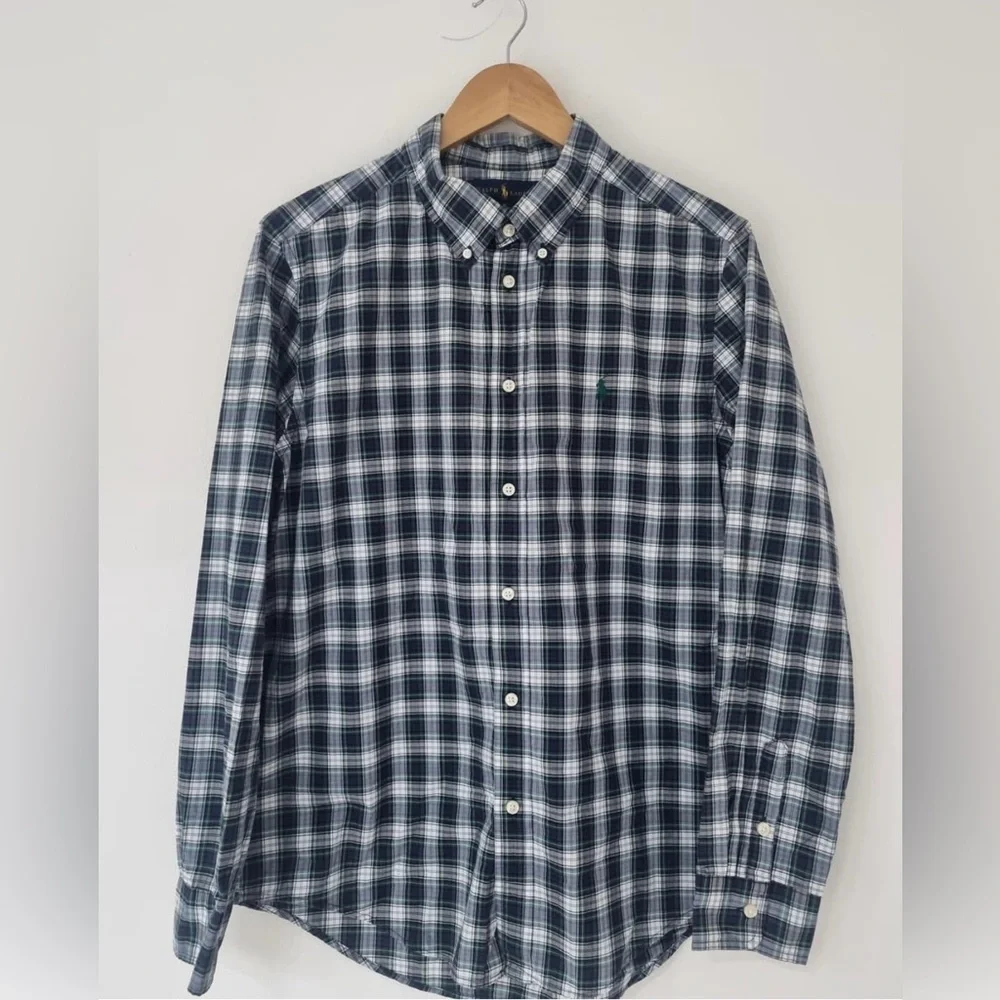 Ralph Lauren Men's Blue and Green Checkered Shirt